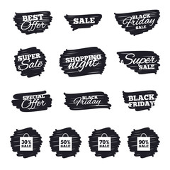 Ink brush sale stripes and banners. Sale bag tag icons. Discount special offer symbols. 30%, 50%, 70% and 90% percent sale signs. Black friday. Ink stroke. Vector