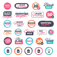 Sale shopping stickers and banners. Sale price tag icons. Discount special offer symbols. 10%, 20%, 30% and 40% percent discount signs. Website badges. Black friday. Vector