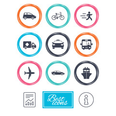 Transport icons. Car, bike, bus and taxi signs. Shipping delivery, ambulance symbols. Report document, information icons. Vector
