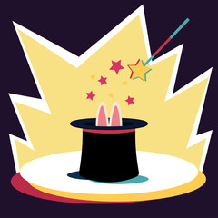Rabbit in the hat Vector illustration Rabbit ears sticking out of the magician's hat Flat design
