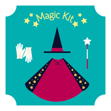 Set of magician Vector illustration Glove, hat, cape and magic wand Poster with set of clothes of magician Flat design