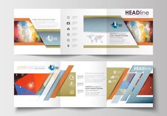 Set of business square templates for tri-fold brochures. Leaflet cover, flat layout, easy editable blank. Abstract colorful triangle design vector background with polygonal molecules.