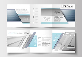 Set of business templates for tri-fold brochures. Square design. Leaflet cover, flat layout, easy editable blank. Abstract blue or gray pattern with lines, modern stylish vector texture.