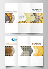 Tri-fold brochure business templates on both sides. Easy editable layout in flat design. Islamic gold pattern, overlapping geometric shapes forming abstract ornament. Vector golden texture.