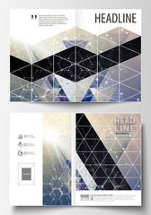Templates for bi fold brochure, magazine, flyer or report. Cover design template, easy editable vector layout in A4 size. Chemistry pattern, hexagonal molecule structure. Medicine and science concept