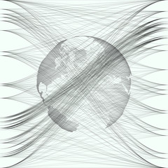 Black color dotted world globe with abstract waves and lines on white background. Motion design. Gray chaotic, random, messy curves, swirl. Vector decoration.