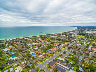 Aerial view of Frankston suburb nested on the Mornington Peninsula. Melbourne, Victoria, Australa