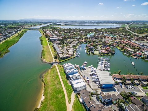 Aerial view of Patterson river and Patterson Lakes suburb, Melbourne, Australia
