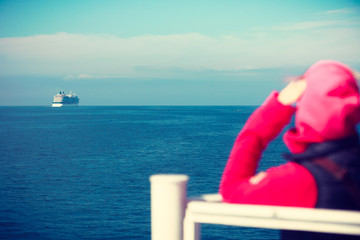 Tourist woman on liner seascape background