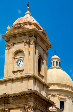 Bell tower of the 18th century Noto Cathedral in Noto, Sicily, Italy.