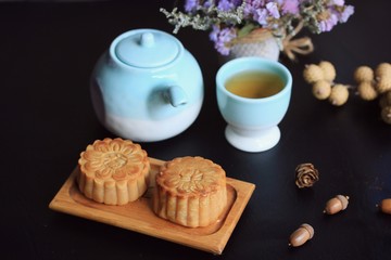 Festival moon cake and hot tea - Chinese cake