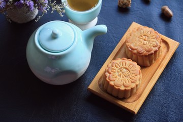Festival moon cake and hot tea - Chinese cake