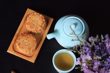 Festival moon cake and hot tea - Chinese cake