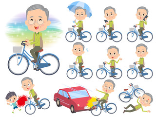 Green vest grandfather ride on city bicycle