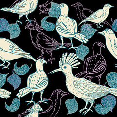 Vintage background, black fashion seamless pattern with birds