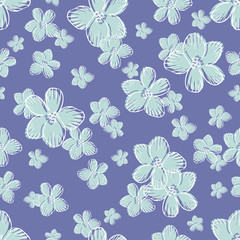 Vintage floral background, blue retro seamless pattern