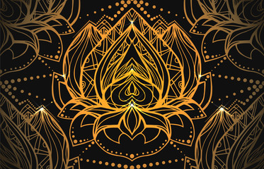 Seamless luxury pattern with gold Lotus with boho pattern and bright spark. Vector element for spa centers, yoga studios. Hand drawn. Doodle elements for your design