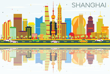 Abstract Shanghai Skyline with Color Buildings, Blue Sky and Reflections