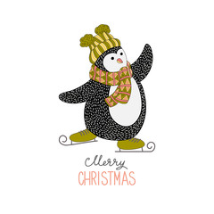 Cute hand drawn penguin on skates - Merry Christmas greetings