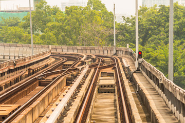 Obraz premium Metro subway tracks in Thailand./ Detail of rail yard, tracks and endstation BTS in Thailand. 