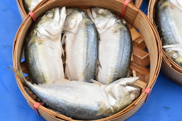 Mackerel fish in bamboo basket at the market Thailand. Image has shallow depth of field.
