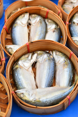 Mackerel fish in bamboo basket at the market Thailand. Image has shallow depth of field.