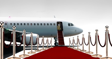 Private airplane boarding on red carpet