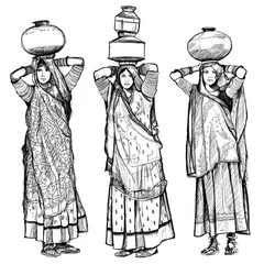 Poster India, vrouwen met potten op hun hoofd © Isaxar