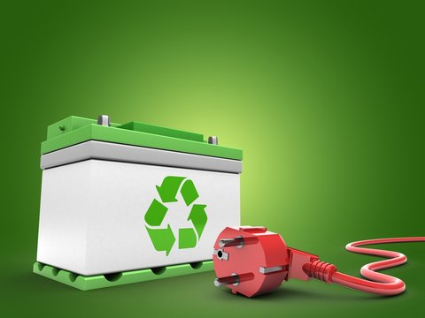 3d illustration of car battery over green background with power cord