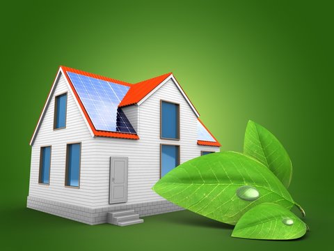 3d illustration of modern house over green background with green leaf