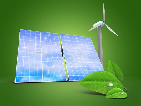 3d illustration of solar and wind energy over green background with leaf