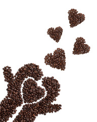 Roasted Coffee Beans background texture isolated on white background , Shape of heart by roasted coffee beans