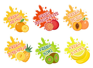 Fruits splash set of labels. Fruit splashes, drops emblem. Splash and blot collection. Vector illustration
