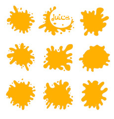 Juice splash set of labels. Orange juice splashes drops. Splash and blot kit. Vector illustration