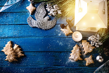 Christmas background with decorations on wooden board