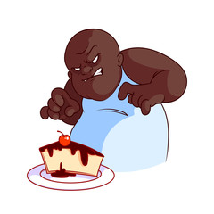 Very hungry and evil fat man with cheesecake.
