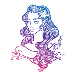cute vector art card with little princess mermaid. Girl with starfish in hair. linear tattoo illustration