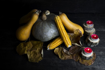 Pumpkin, Corncob, autumn leaves and burning candles Decoration o