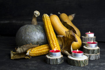 Pumpkin, Corncob, autumn leaves and burning candles Decoration o