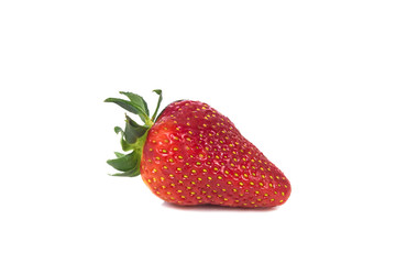 one large home ripe red strawberry with leaves