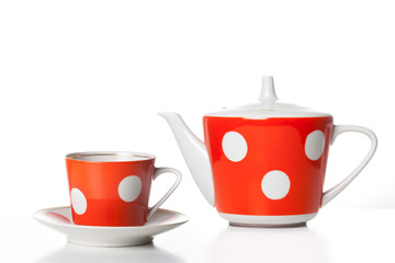 Tea set, red and white polka dots design