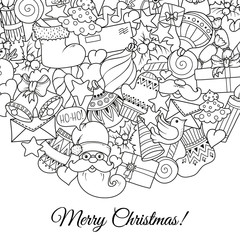 Merry christmas set of xmas monochrome pattern and text templates. Ideal for holiday greeting cards, print, coloring book page or wrapping paper.