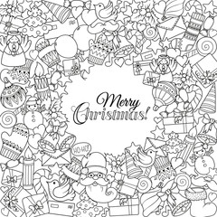 Obraz premium Merry christmas set of xmas monochrome pattern and text templates. Ideal for holiday greeting cards, print, coloring book page or wrapping paper.