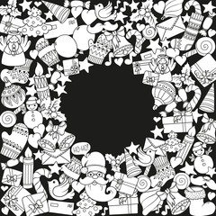 Merry christmas set of xmas monochrome pattern and text templates. Ideal for holiday greeting cards, print, coloring book page or wrapping paper.