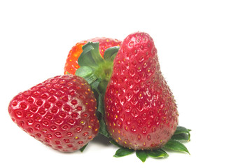 Three bright ripe strawberries from the garden with green leaves