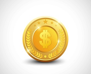 Golden coin dollar sign with stars and laurel wreath