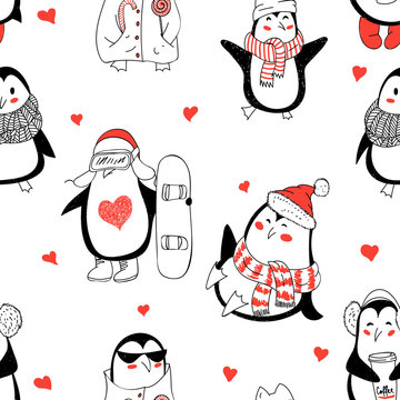Seamless background with cute hand drawn penguins - Merry Christ
