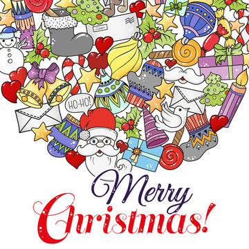Merry christmas set of xmas colorful pattern and text templates. Ideal for holiday greeting cards, print, coloring book page or wrapping paper.