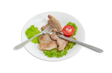 Fried pork on lettuce leaves and cutlery on white dish