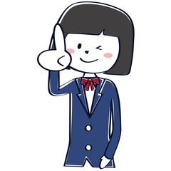 紺色のブレザーの学生　上半身　女子　学生　生徒 おかっぱ　指差し